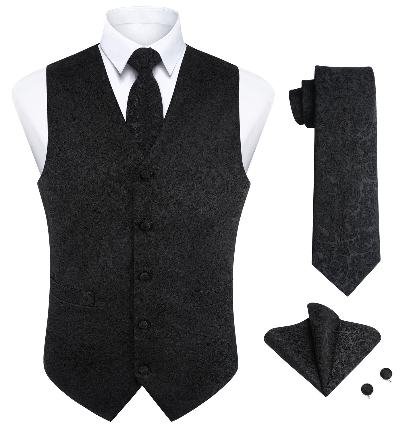 Hisdern Men's Black Paisley Vest Tie Set For Weddings