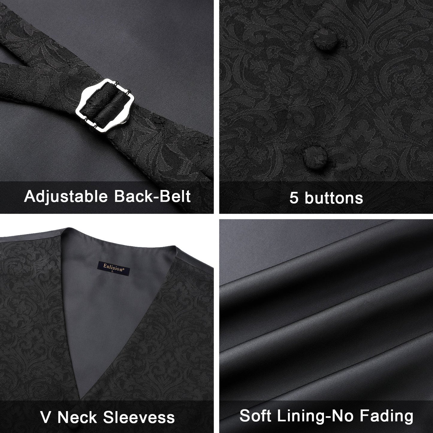 Hisdern Men's Black Paisley Vest Tie Set For Weddings