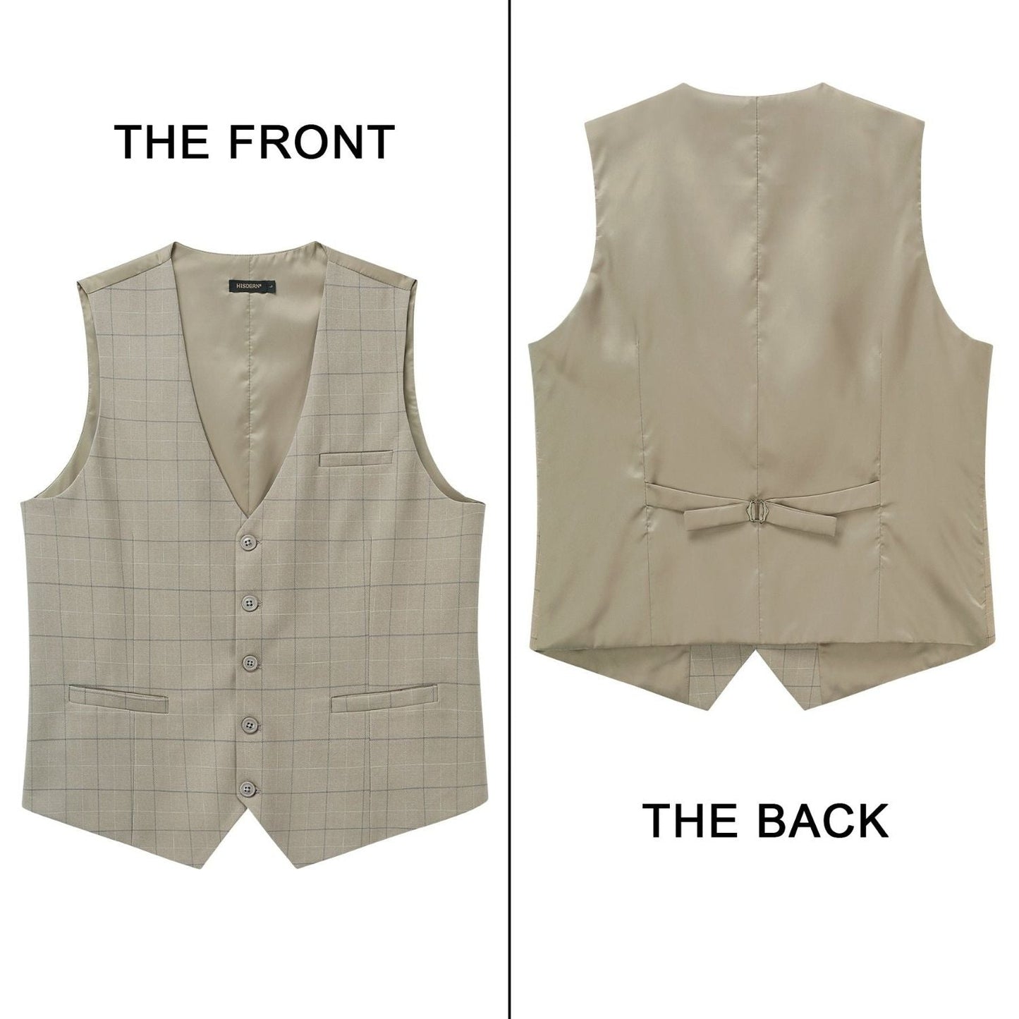 Hisdern Men's Beige Plaid Slim Suit Vest Formal Wear