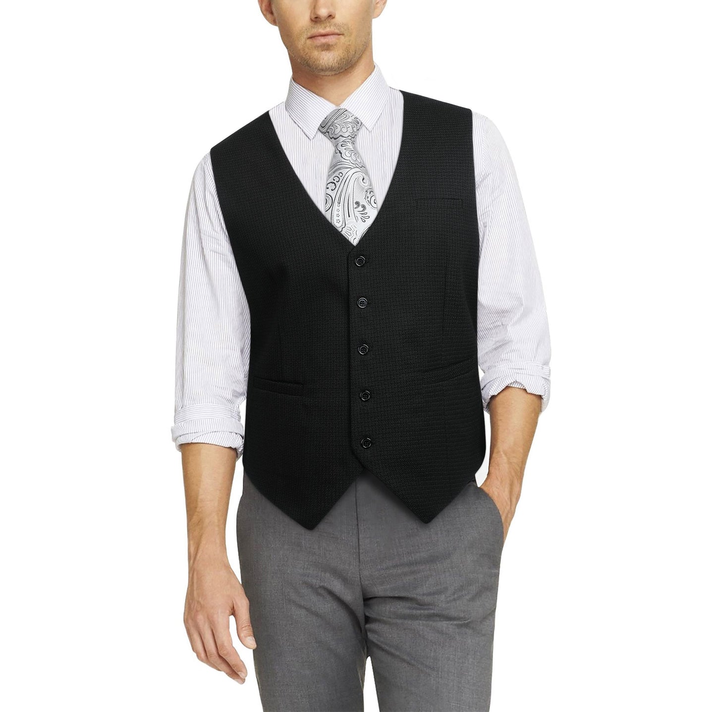 Hisdern Men's Black Plaid Wedding Vest For Skinny Guys