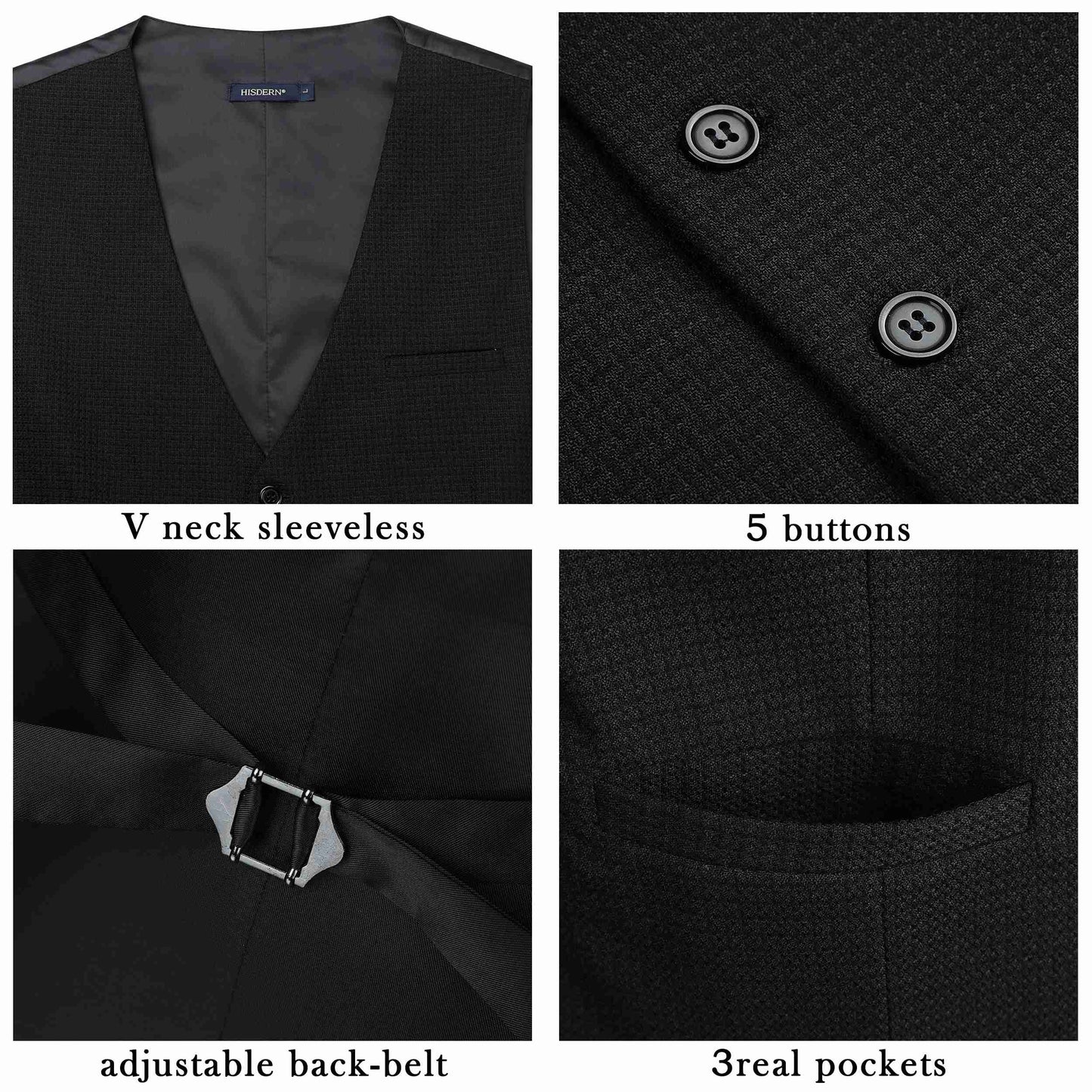 Hisdern Men's Black Plaid Wedding Vest For Skinny Guys