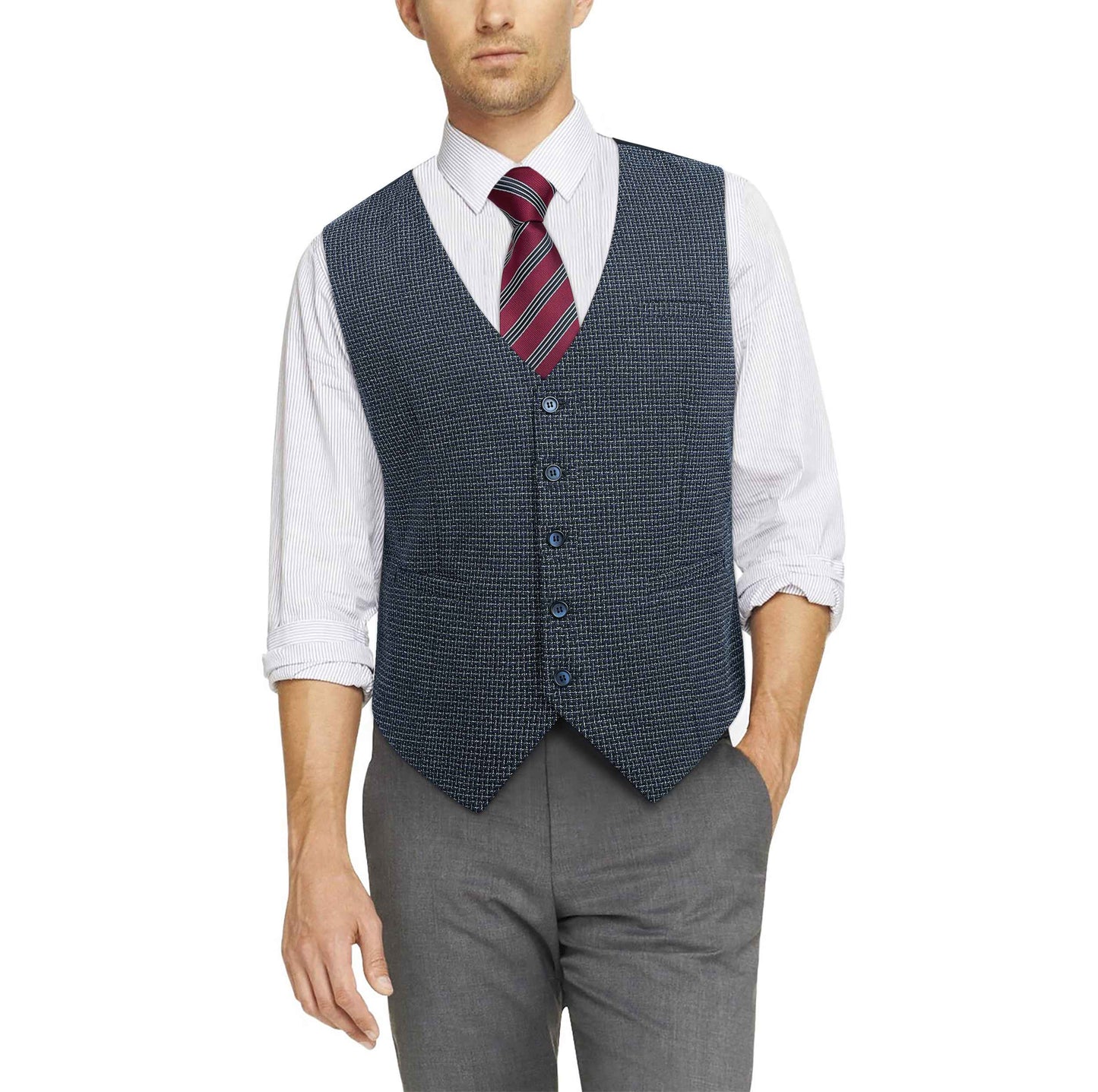 Hisdern Men's Navy Blue Plaid Wedding Vest For Skinny Guys