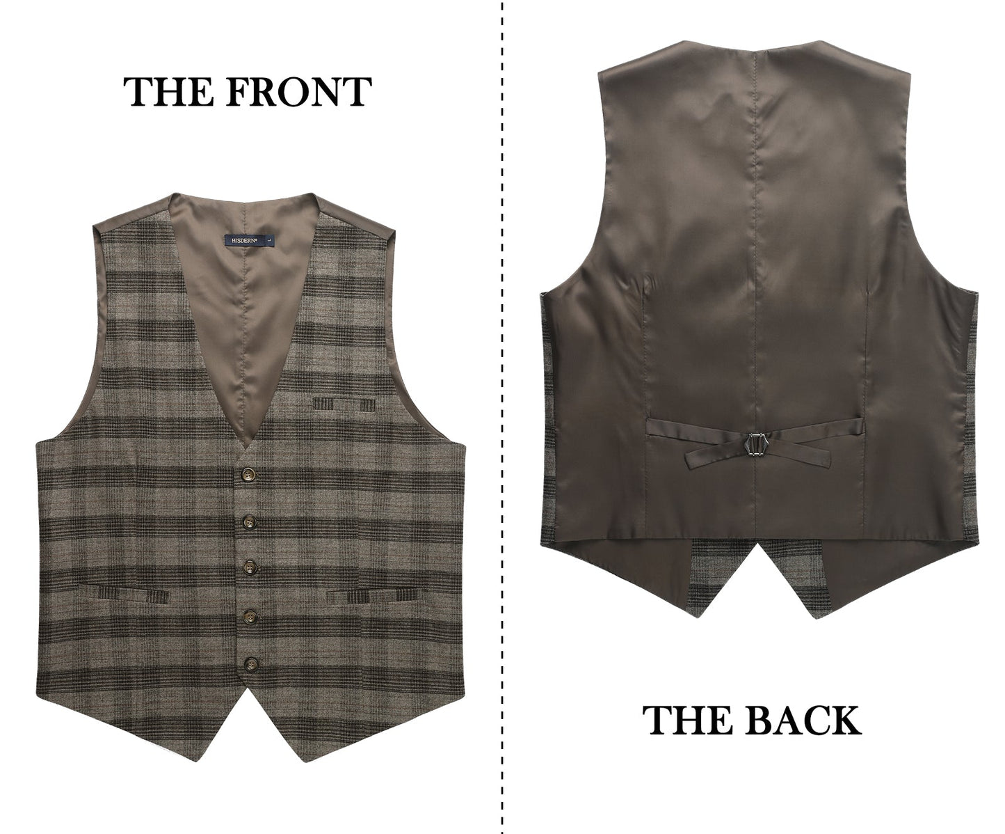 Hisdern Men's Brown Plaid Wedding Vest For Skinny Guys