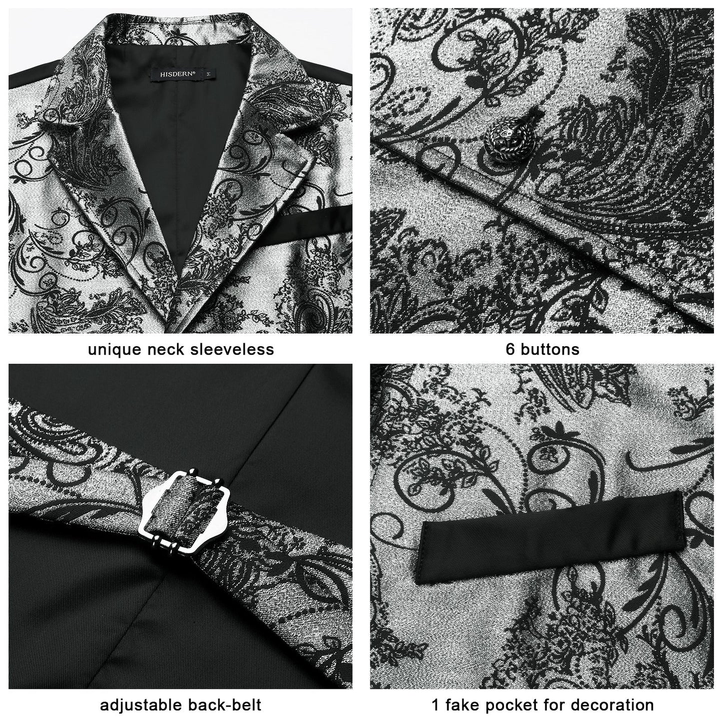 Hisdern Gothic Men's Formal Vest Silver Black Lapel Party Coat