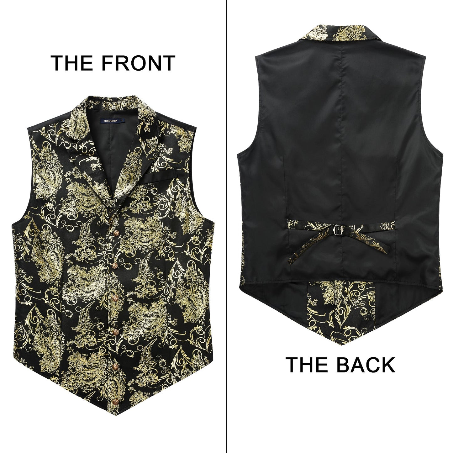 Hisdern Gothic Men's Formal Vest Black Gold Lapel Party Coat