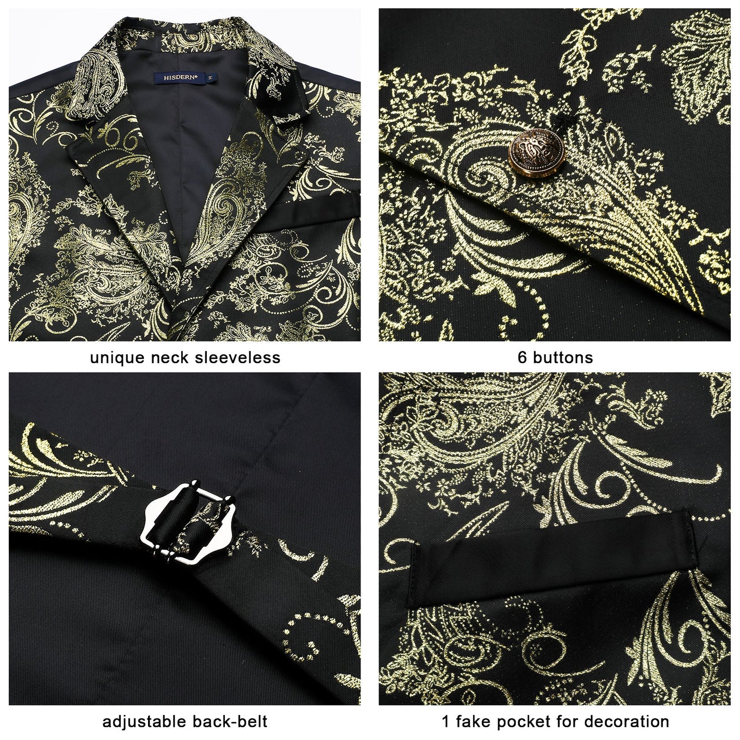 Hisdern Gothic Men's Formal Vest Black Gold Lapel Party Coat