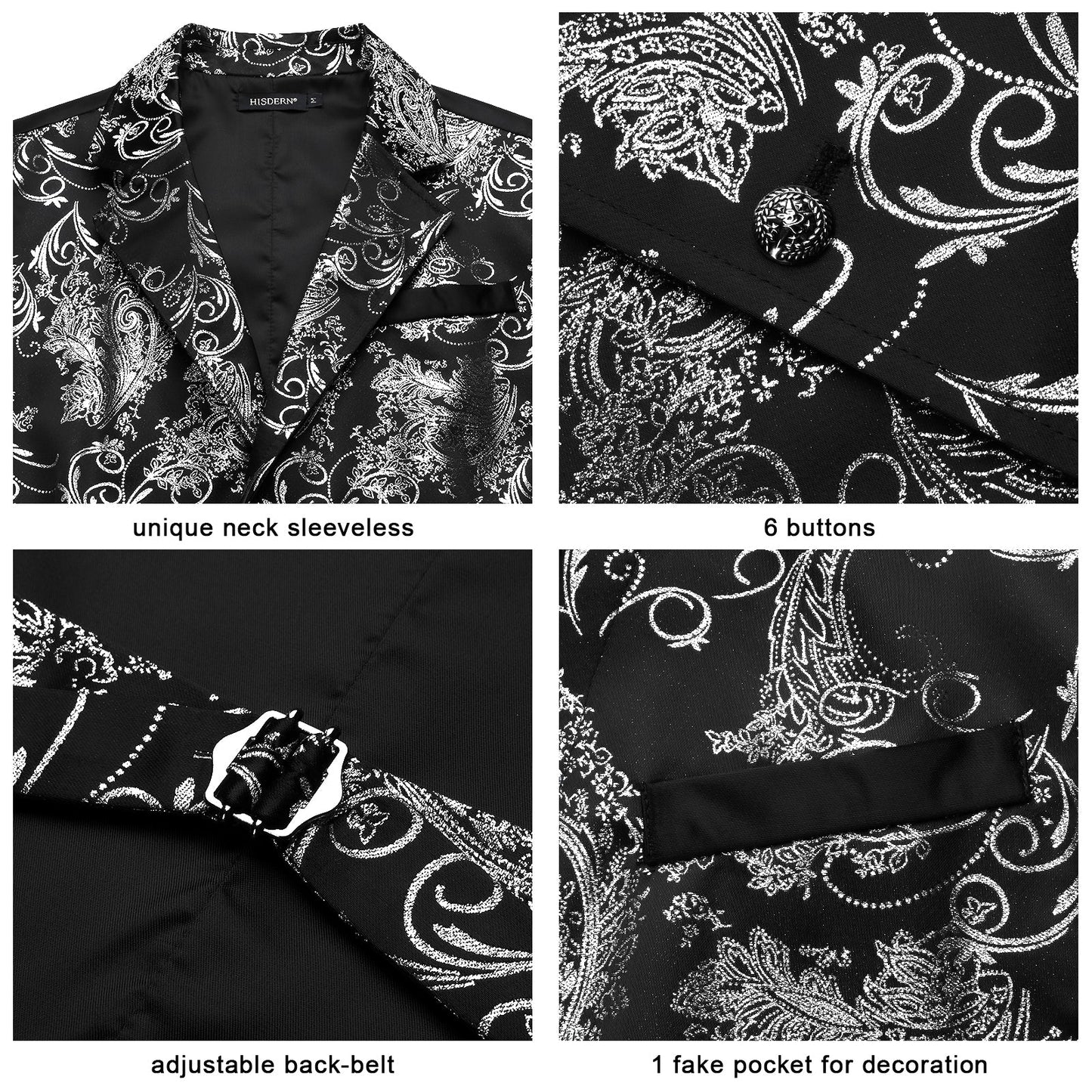 Hisdern Gothic Men's Formal Vest Black Sliver Lapel Party Coat