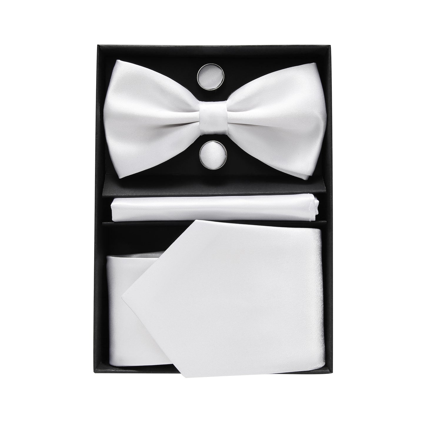 White Bowtie Neck Tie Pocekt Square Cufflinks Set