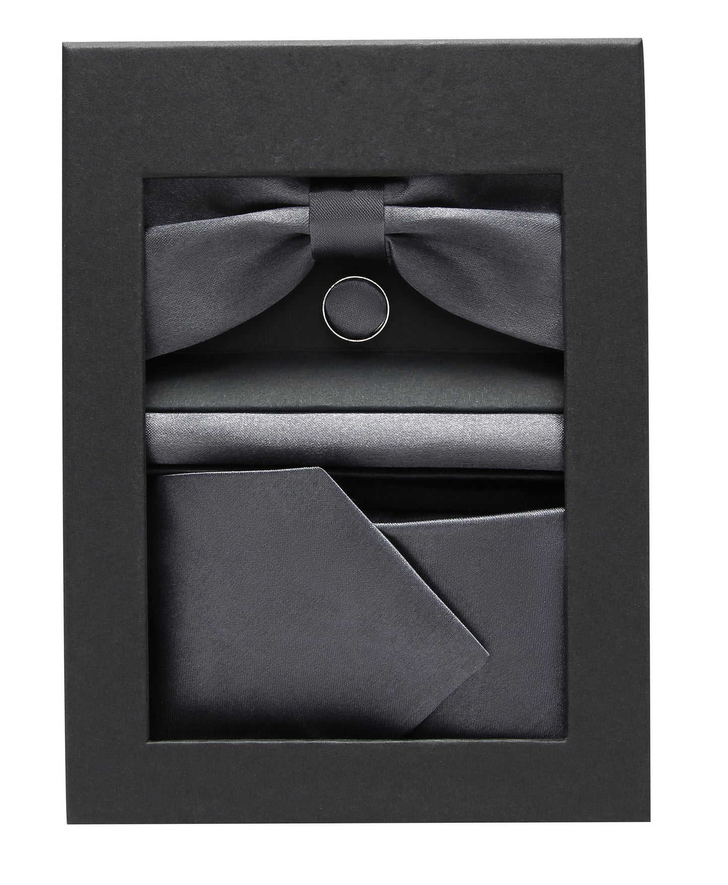 Dark Grey Bow Tie Neck Tie Pocekt Square Cufflinks Set - 4 Piece
