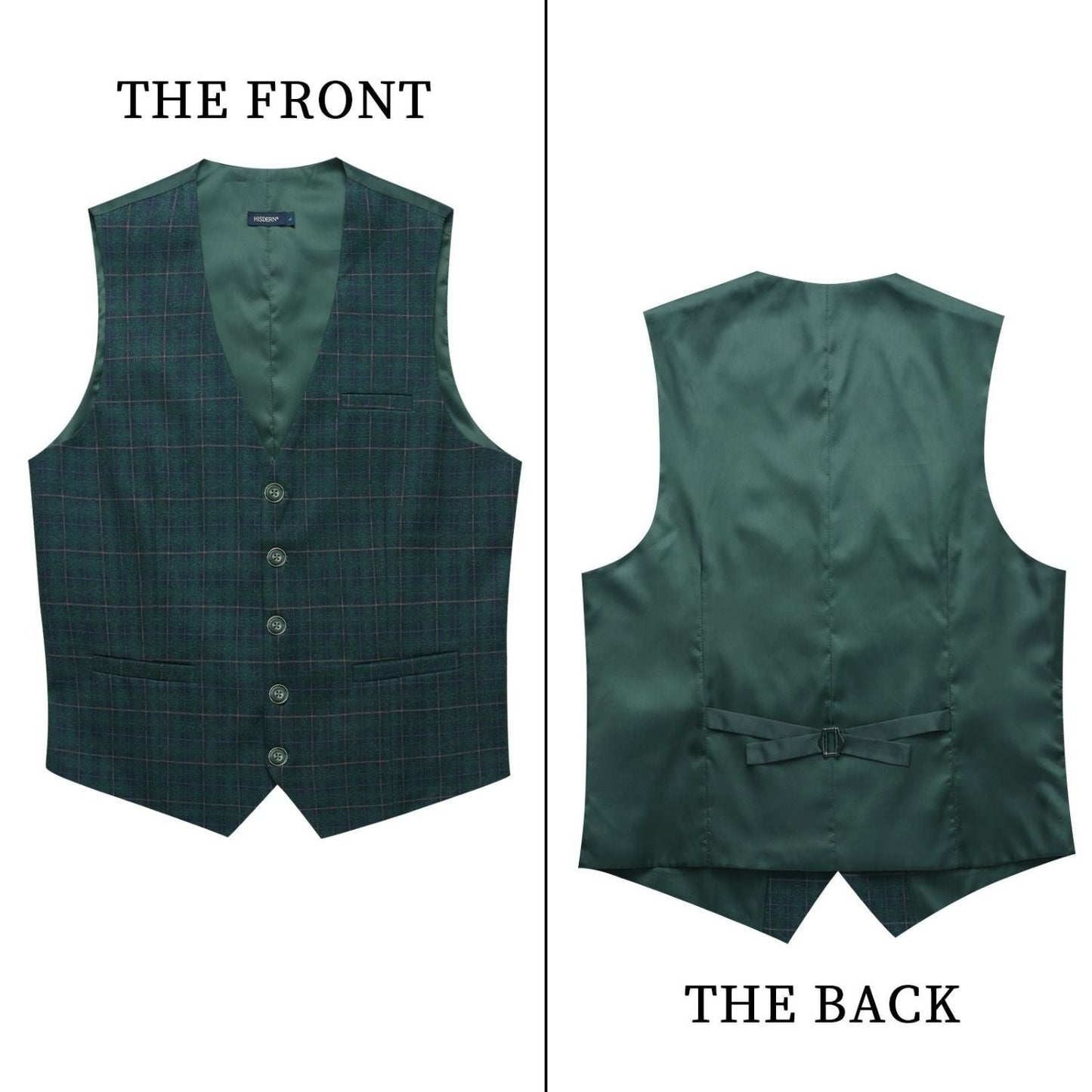 Hisdern Men's Green Plaid Wedding Vest For Skinny Guys