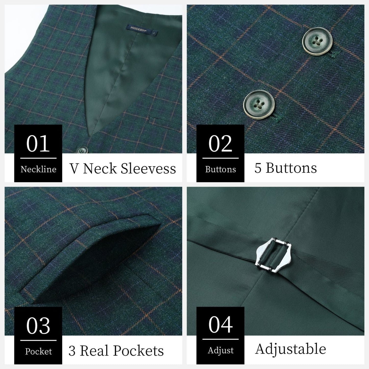 Hisdern Men's Green Plaid Wedding Vest For Skinny Guys