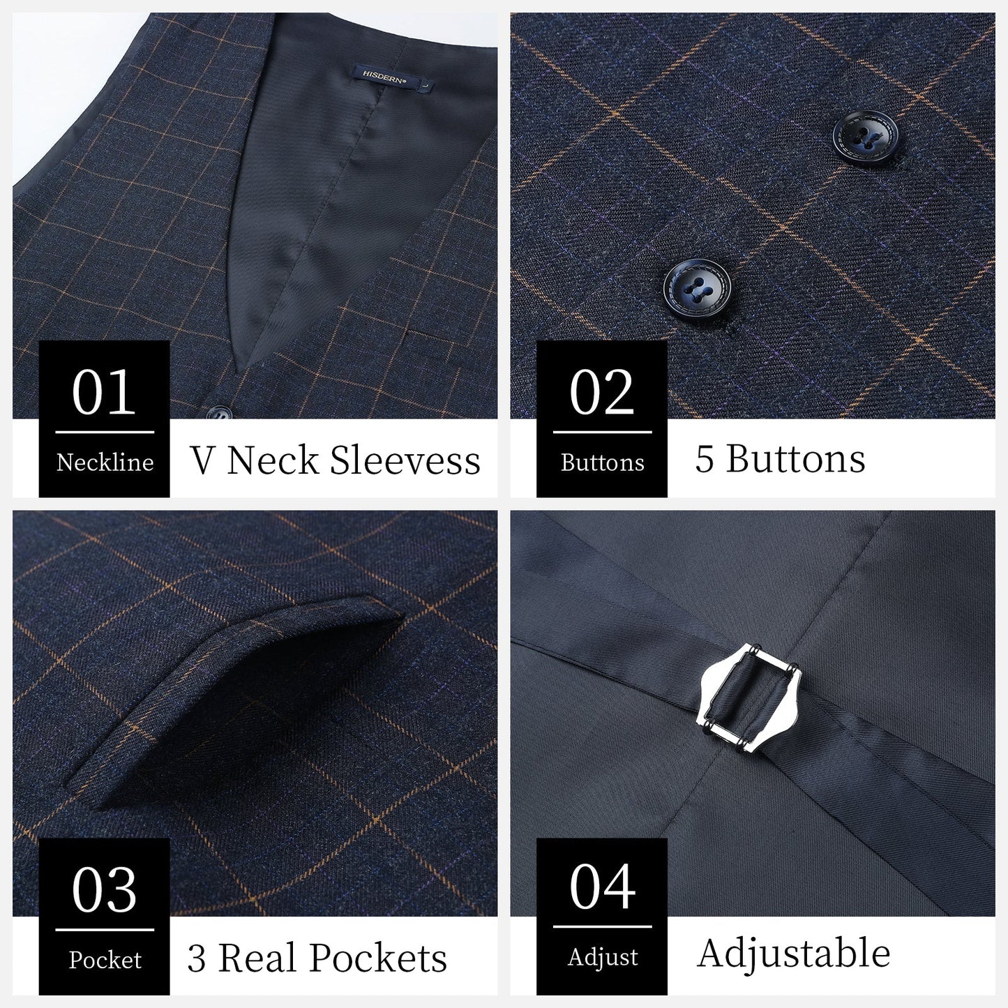 Hisdern Men's Charcoal Plaid Wedding Vest For Skinny Guys