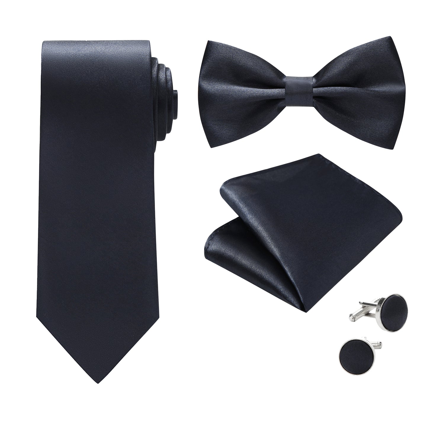Dark Grey Bow Tie Neck Tie Pocekt Square Cufflinks Set - 4 Piece