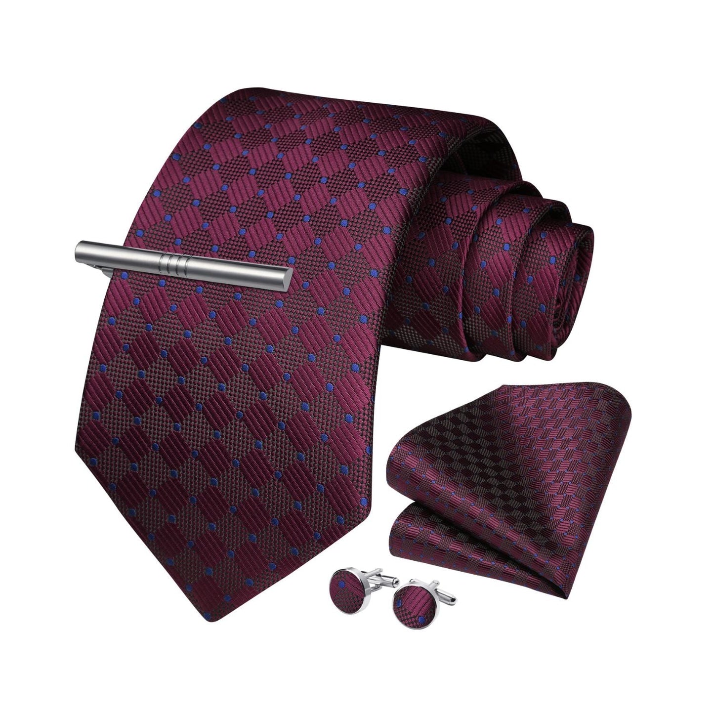 Hisdern Red Plaid Wedding Accessories Set with Cufflinks Clip