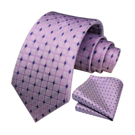 Hisdern Purple Plaid Pocket Square With Matching Tie