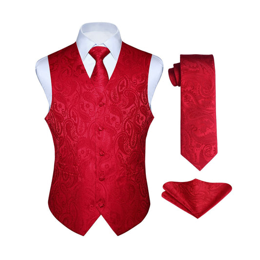 Hisdern Red Tailored Slim Fit Silk-Lined Dress Vest for Weddings & Tuxedo Pairing