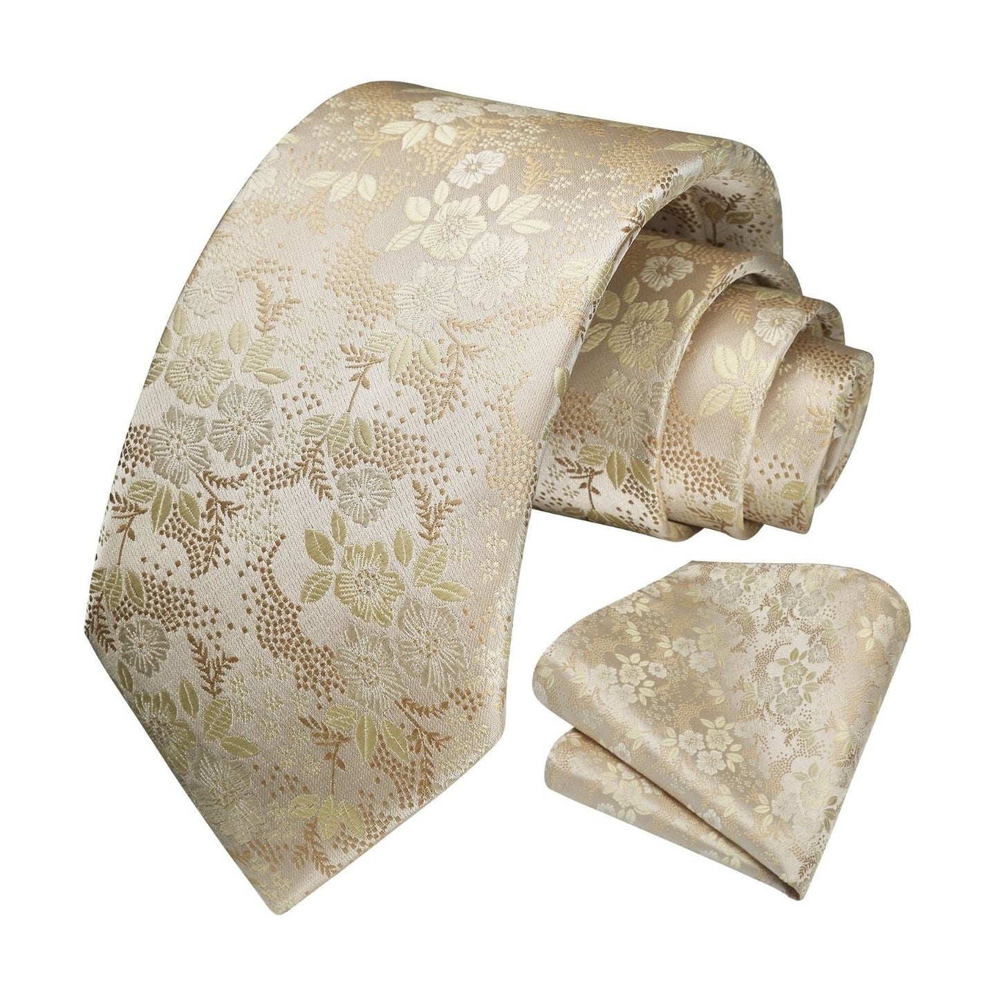 Hisdern Gold Formal Tie Set – Floral Tie & Pocket Square for Wedding