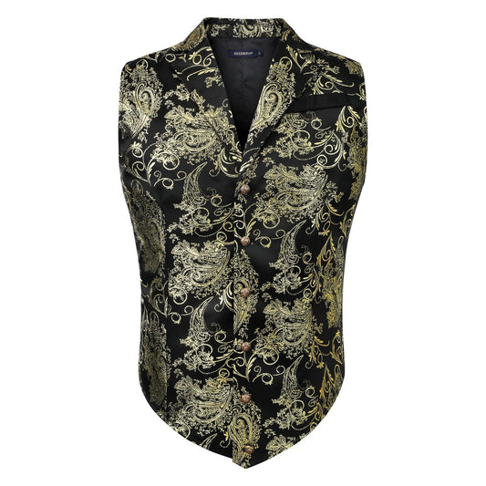 Hisdern Gothic Men's Formal Vest  Black Gold Lapel Party Coat