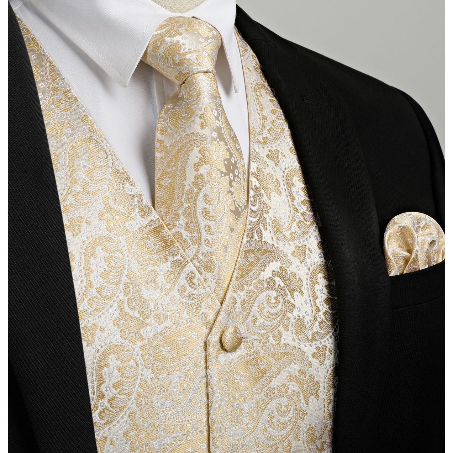 Hisdern Men's Champagne Gold Paisley Vest Tie Set For Weddings