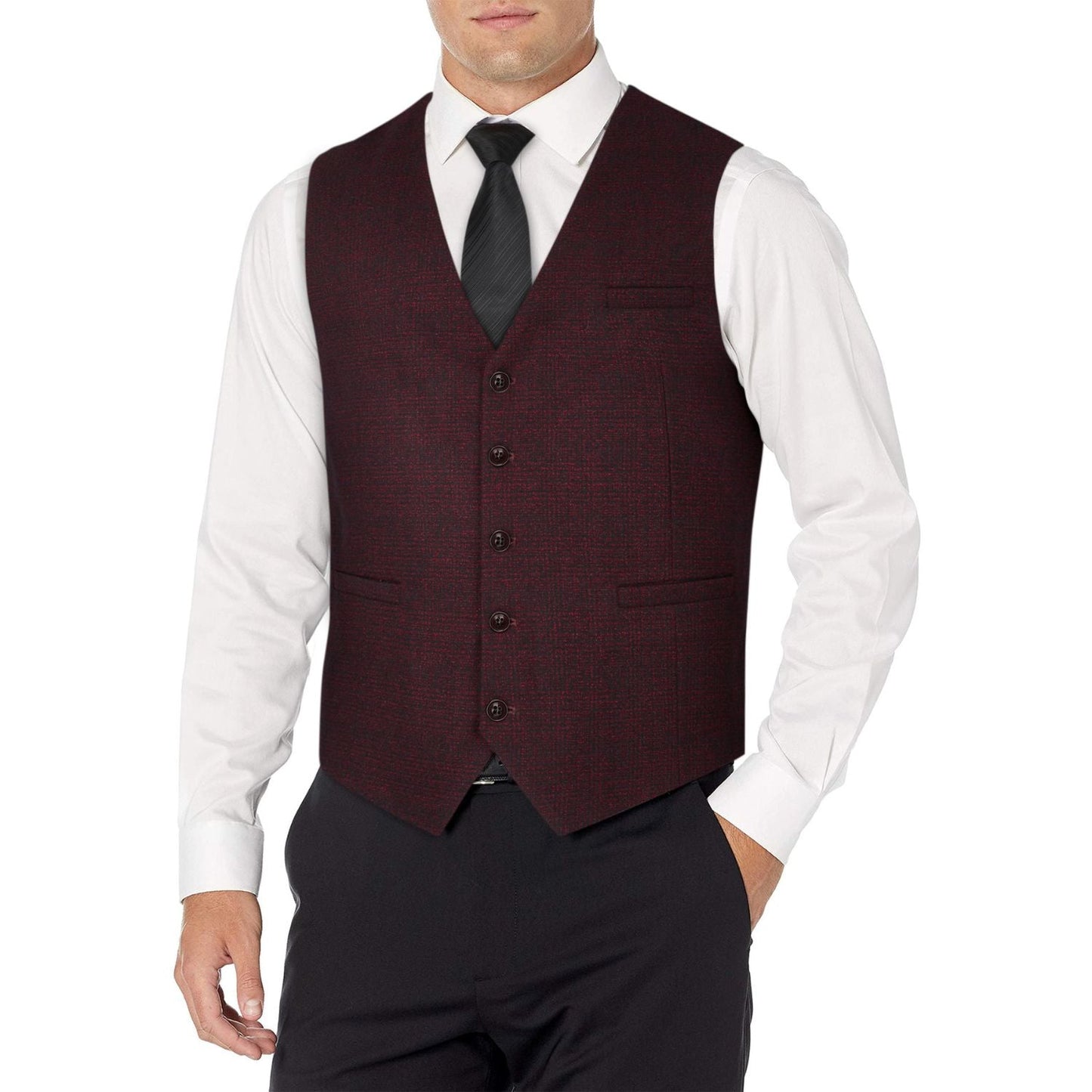 Hisdern Men's Burgundy Plaid Wedding Vest For Skinny Guys