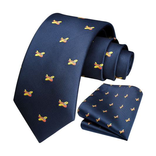 Hisdern Navy Blue Airplane Cute Print Pattern Tie Set