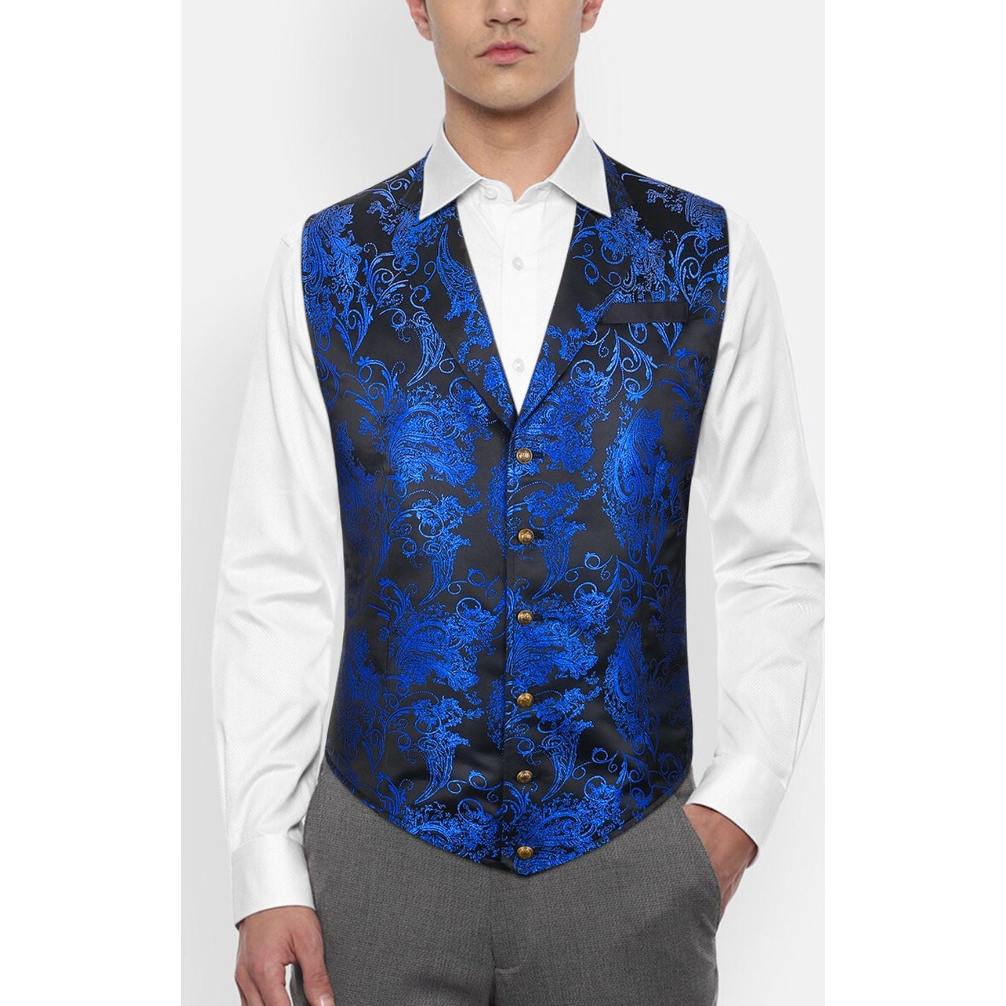 Hisdern Gothic Men's Formal Vest Black Blue Lapel Party Coat