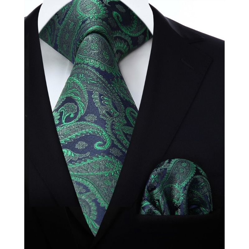 Hisdern Green Navy Blue Paisley Tie Set For Groomsmen