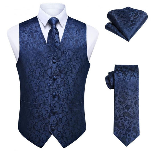 Hisdern Men's Navy Blue Paisley Vest Tie Set For Weddings Anniversary