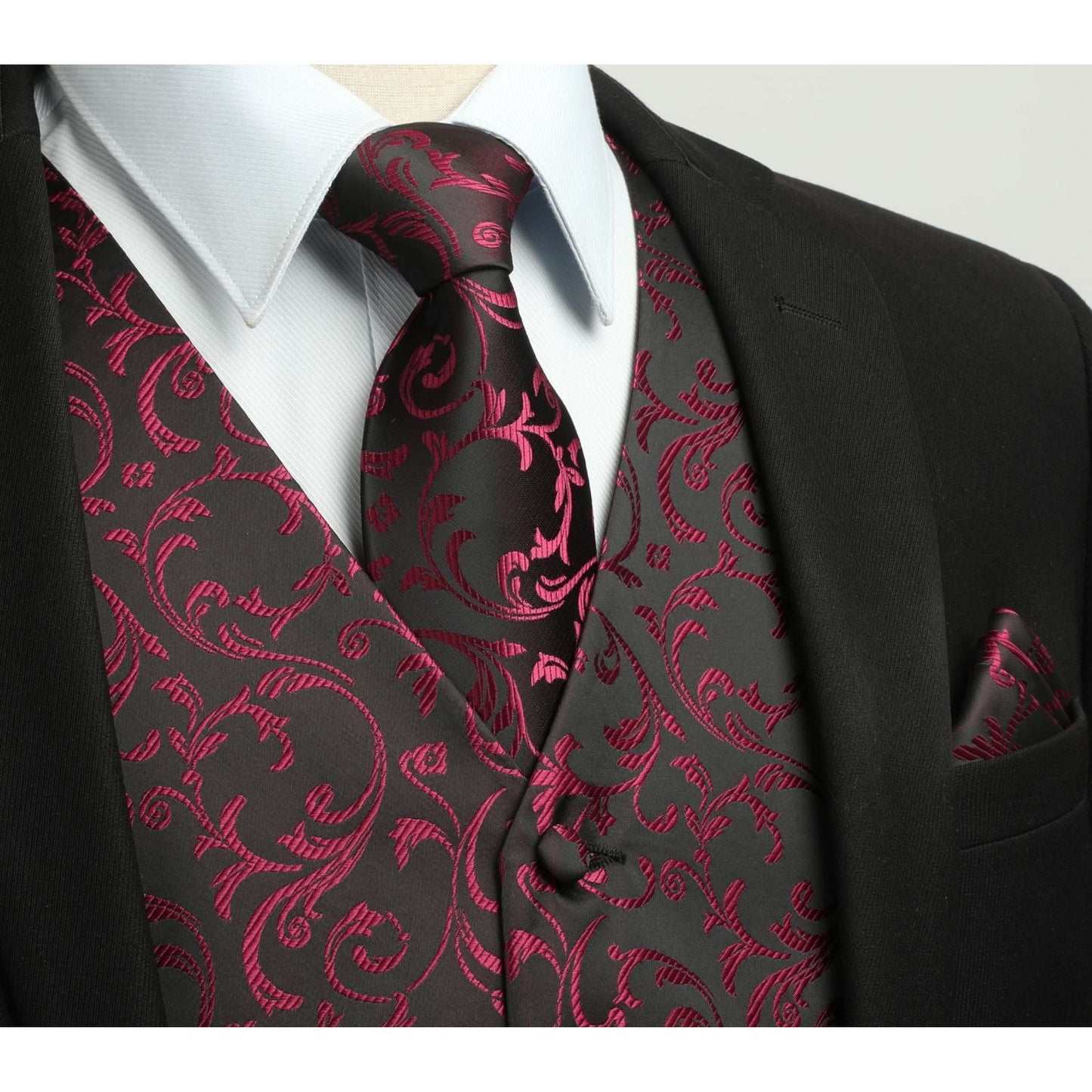 Hisdern Men's Burgundy Black Floral Vest Tie Set For Weddings