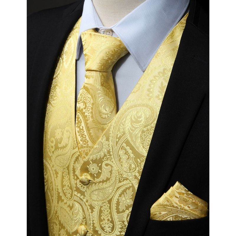Hisdern Men's Yellow Paisley Vest Tie Set For Weddings Anniversary