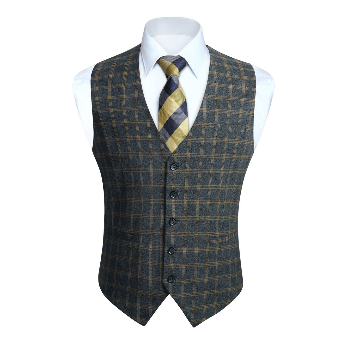 Hisdern Men's Brown Blue Plaid Slim Suit Vest Formal Wear