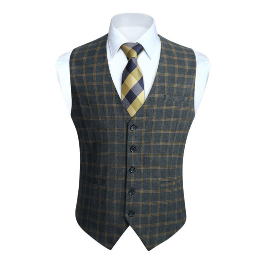 Hisdern Men's Brown Blue Plaid Slim Suit Vest Formal Wear