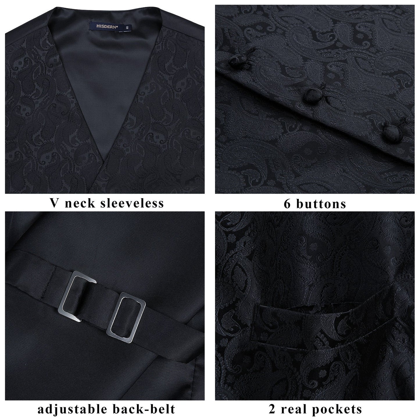 Hisdern Men's Black Paisley Vest Tie Set For Weddings