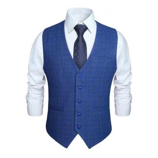 Hisdern Men's Royal Blue Plaid Slim Suit Vest Formal Wear