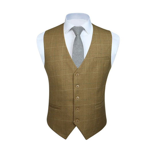 Hisdern Men's Khaki Plaid Wedding Vest For Skinny Guys