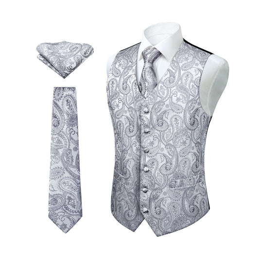 Hisdern Men's Grey Paisley Vest Tie Set For Weddings Anniversary