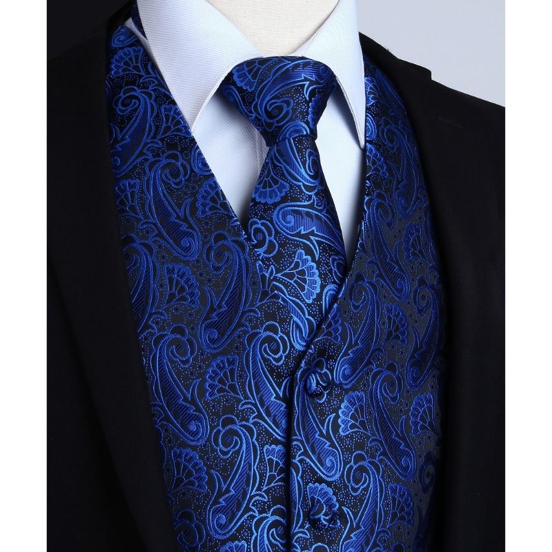 Hisdern Men's Blue Black Paisley Vest Tie Set For Weddings