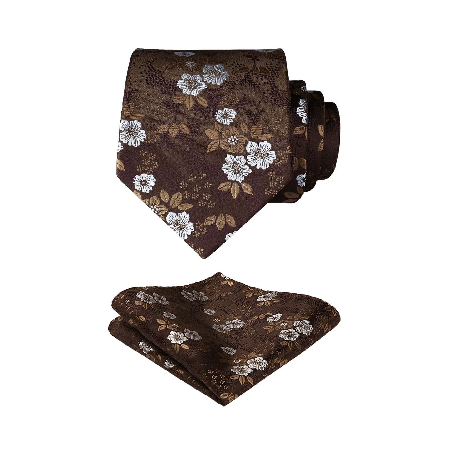Hisdern Brown White Wedding Tie Set – Floral Tie & Pocket Square