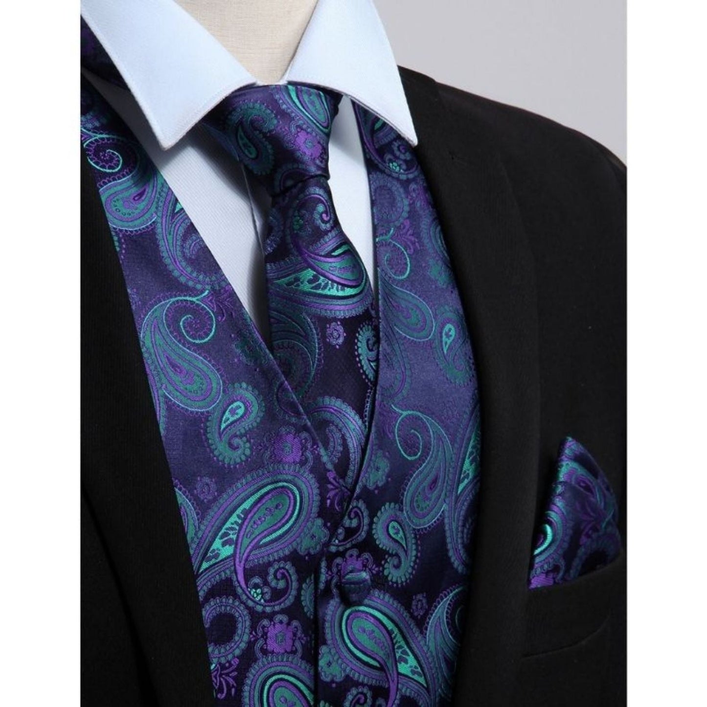 Hisdern Men's Purple Green Paisley Vest Tie Set For Weddings