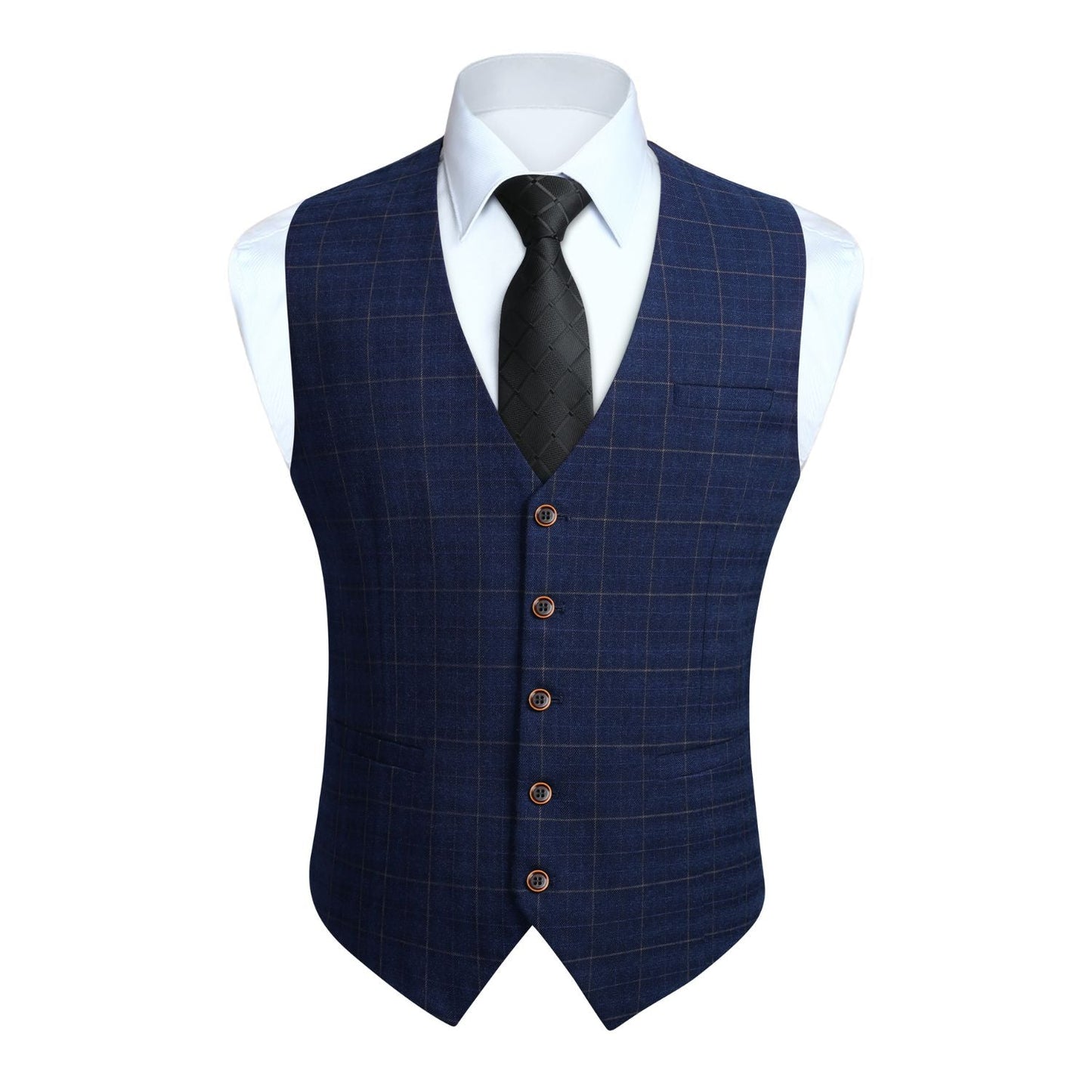 Hisdern Men's Blue Plaid Slim Suit Vest Formal Wear