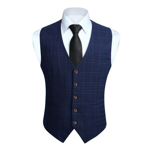 Hisdern Men's Blue Plaid Slim Suit Vest Formal Wear