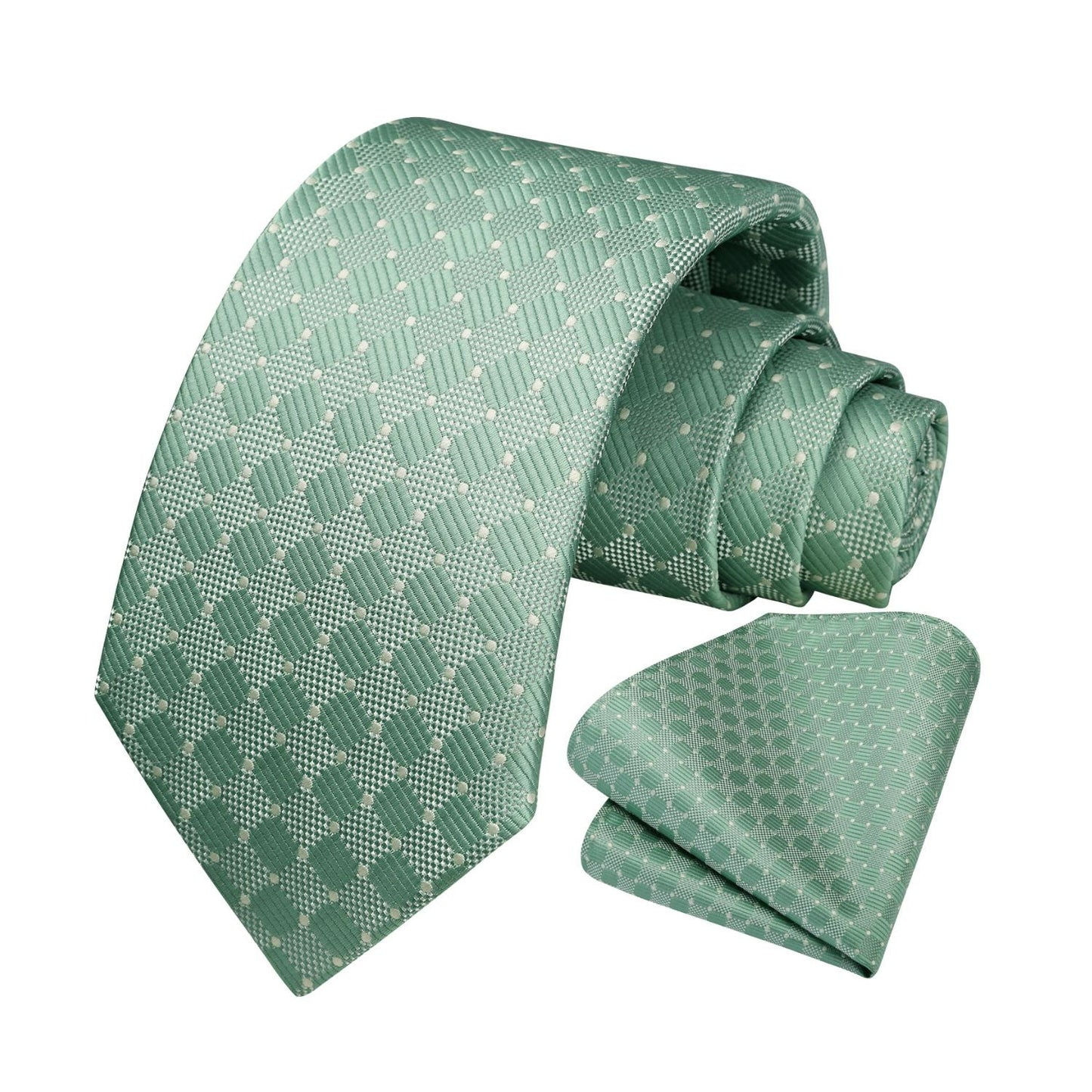 Hisdern Sage Green Plaid Pocket Square With Matching Tie