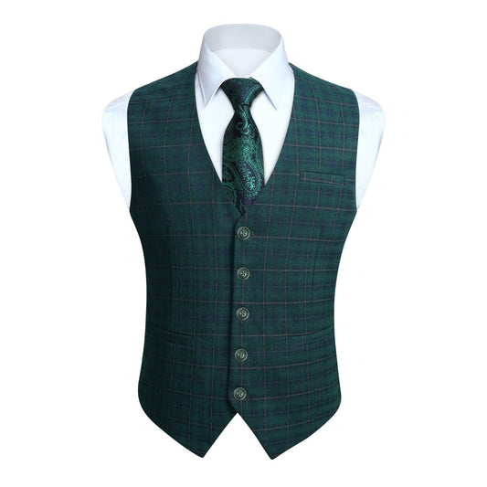 Hisdern Men's Green Plaid Wedding Vest For Skinny Guys