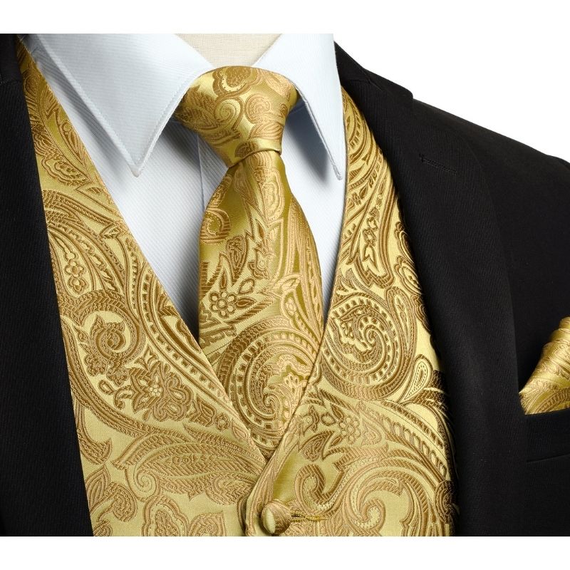 Hisdern Men's Gold Paisley Vest Tie Set For Weddings