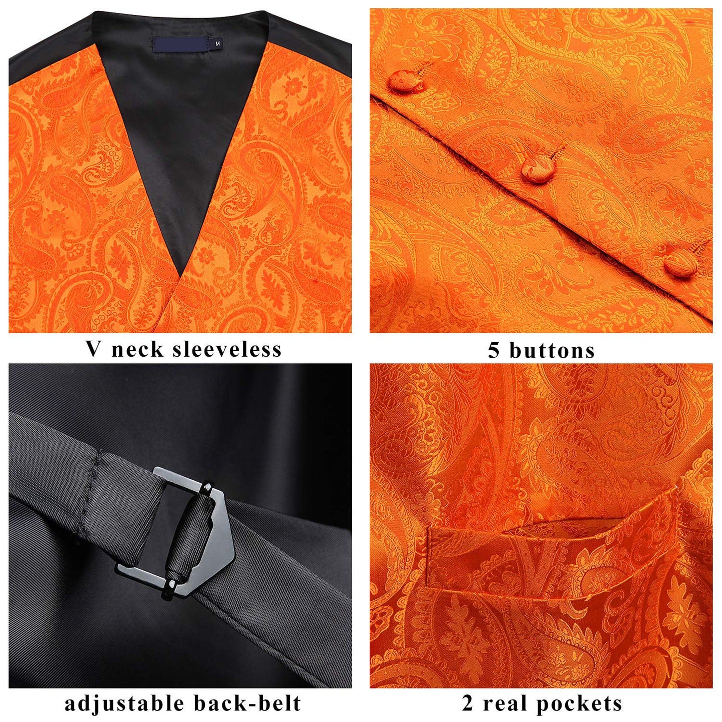Hisdern Men's Orange Paisley Vest Tie Set For Weddings