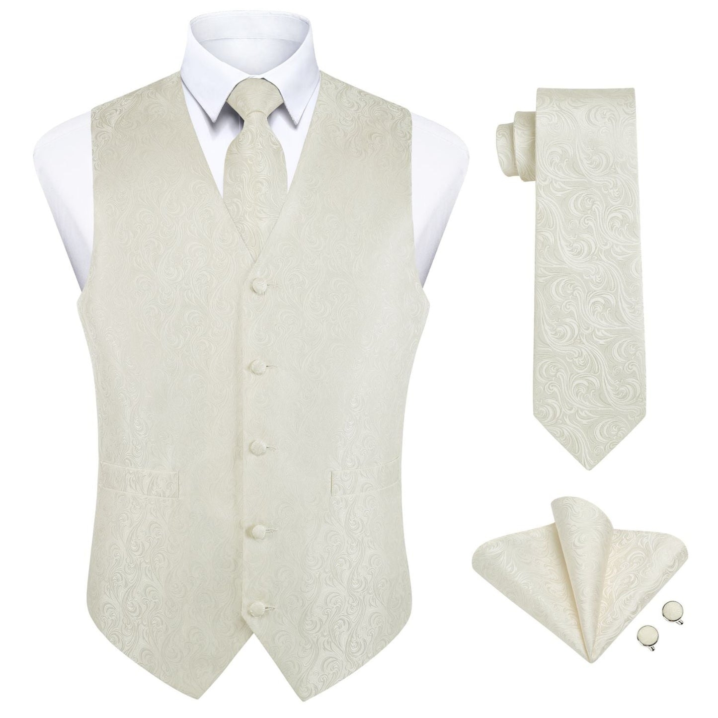 Hisdern Men's Beige Paisley Vest Tie Set For Weddings