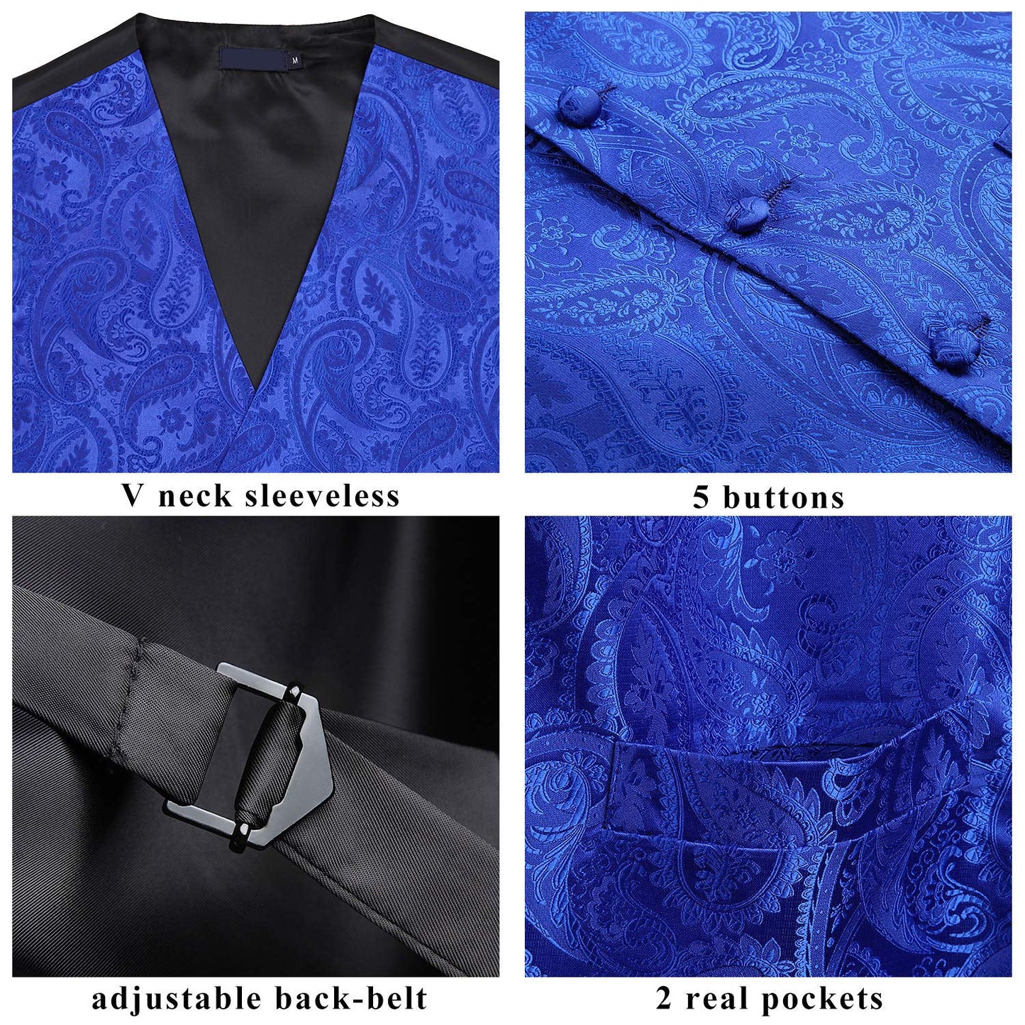 Hisdern Men's Royal Blue Paisley Vest Tie Set For Weddings Anniversary