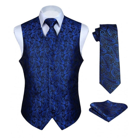 Hisdern Men's Blue Black Paisley Vest Tie Set For Weddings