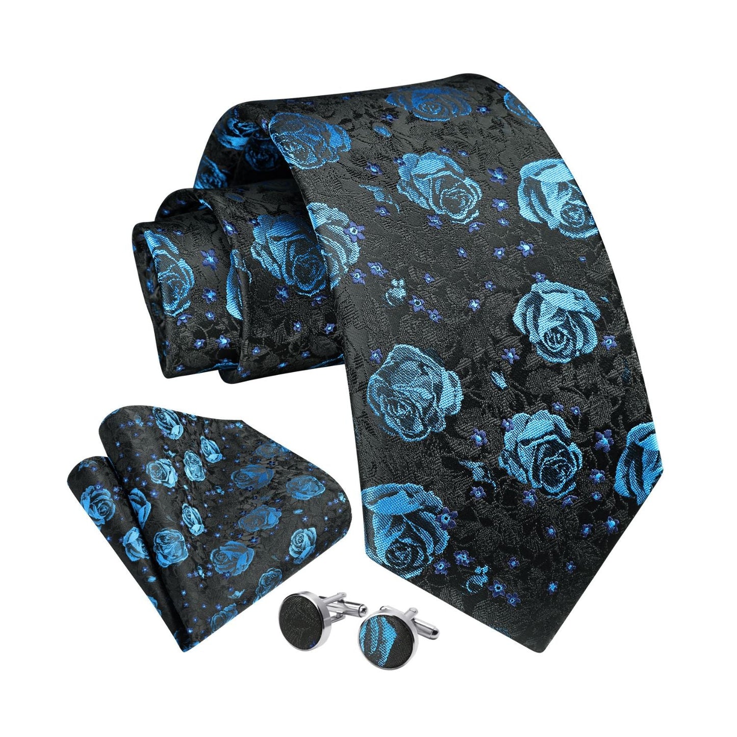 Hisdern Navy Blue Floral Wedding Tie Set with Cufflinks
