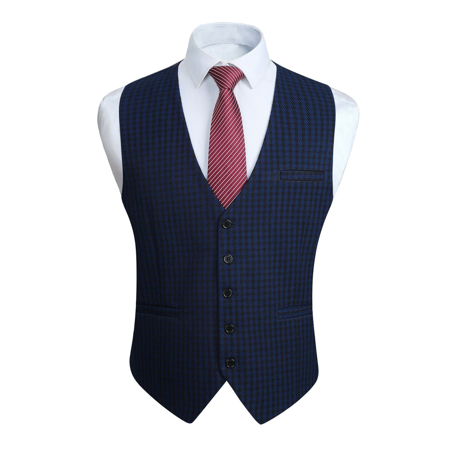 Hisdern Men's Navy Blue Plaid Wedding Vest For Skinny Guys